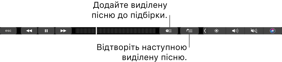 Елементи керування музикою на панелі Touch Bar, кнопка додавання вибраної пісні в підбірку та список «На черзі».