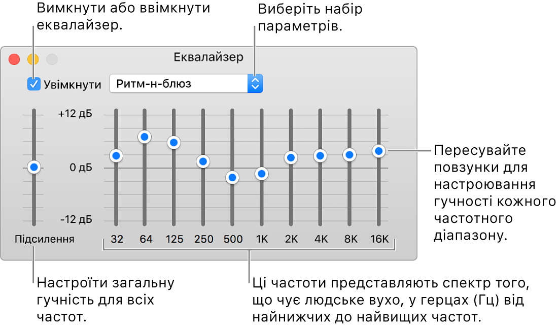 Вікно еквалайзера. Позначка ввімкнення еквалайзера iTunes розташована у верхньому лівому куті. Поруч із нею розміщено спливне меню із заготовками еквалайзера. На лівому краї можна редагувати загальний рівень гучності частот у попередньому підсилювачі. Під заготовками еквалайзера можна коригувати рівень гучності різних діапазонів частот, що представляють спектр звуків, які здатне розрізнити людське вухо (від найнижчого до найвищого).