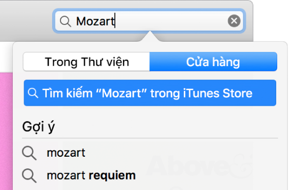 Trường tìm kiếm có mục đã nhập “Mozart”. Trong menu bật lên, Store được chọn.