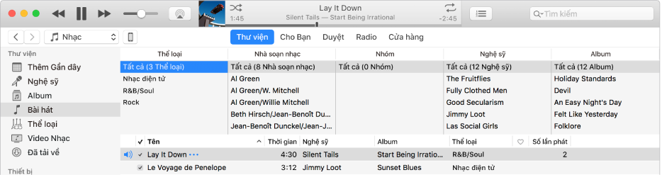 Cửa sổ chính của iTunes: Trình duyệt cột xuất hiện ở bên phải của thanh bên và bên trên danh sách bài hát.