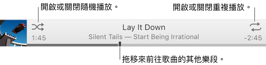 顯示播放中歌曲的橫幅。「隨機播放」按鈕位於左上角，而「重複」按鈕位於右上角。拖移時間軸來前往歌曲的其他段落。