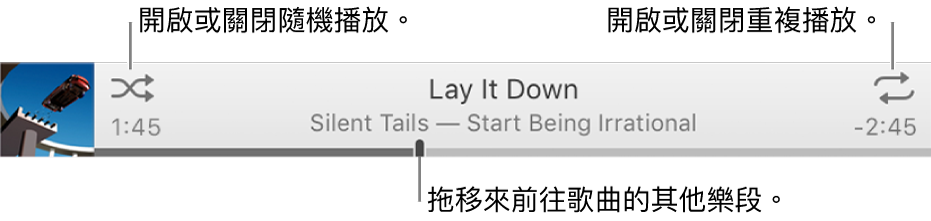 橫幅包含播放中的歌曲。「隨機播放」按鈕位於左上方，而「重複」按鈕位於右上方。拖移時間列來前往歌曲的其他部分。