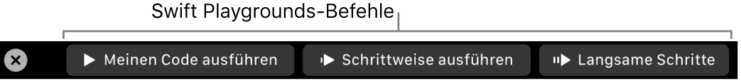 Die Touch Bar mit Tasten der App „Swift Playground“, zu denen – von links nach rechts – folgende gehören: „Meinen Code ausführen“, „Schrittweise ausführen“ und „Langsame Schritte“.