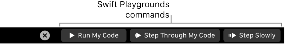 The Touch Bar with buttons from the Swift Playground app that include—from left to right—Run My Code, Step Through My Code, and Step Slowly.