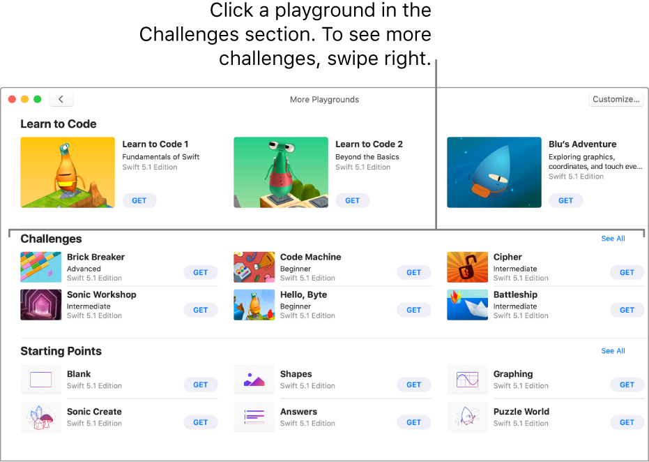 The Challenges section of the More Playgrounds screen, showing several predesigned playgrounds arranged in a grid, each with a Get button for downloading the playground. To see more challenges, swipe left.