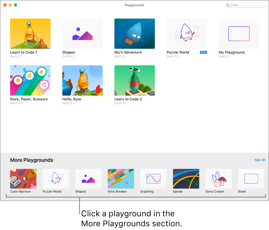 The More Playgrounds section of the Playgrounds screen, showing several playgrounds you can try.