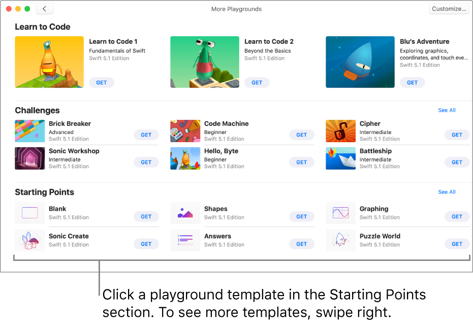 The Starting Points section of the More Playgrounds screen, showing several playground templates, each with a Get button.