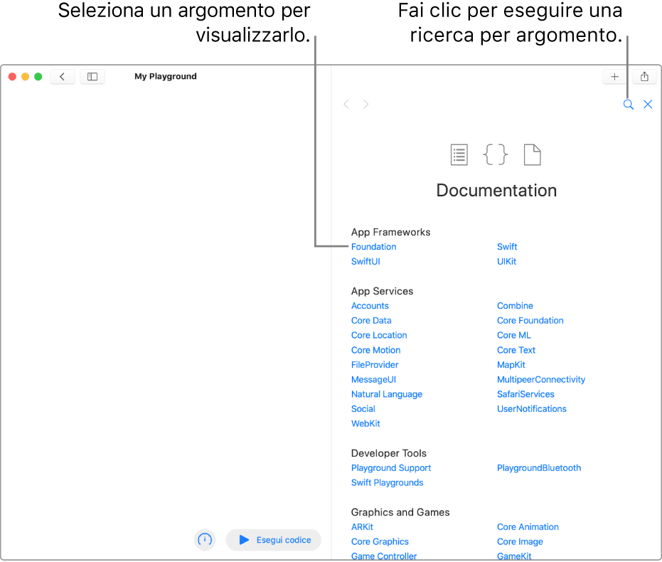 Una pagina playground, che visualizza la pagina Indice aperta della documentazione per sviluppatori sulla destra. Mostra l'icona di ricerca ed elenca gli argomenti su cui puoi fare clic per leggerli.