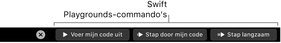 De Touch Bar met knoppen van de app Swift Playgrounds; van links naar rechts zijn dat 'Voer mijn code uit', 'Stap door mijn code' en 'Stap langzaam'.