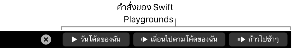 Touch Bar ที่มีปุ่มต่างๆ จากแอพ Swift Playground โดยเรียงจากซ้ายไปขวาจะมีปุ่มรันโค้ดของฉัน เลื่อนไปตามโค้ดของฉัน และก้าวไปช้าๆ