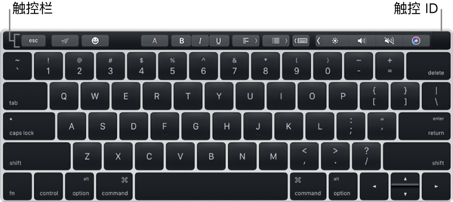 触控栏横贯键盘的顶部；触控 ID 位于触控栏的右端。