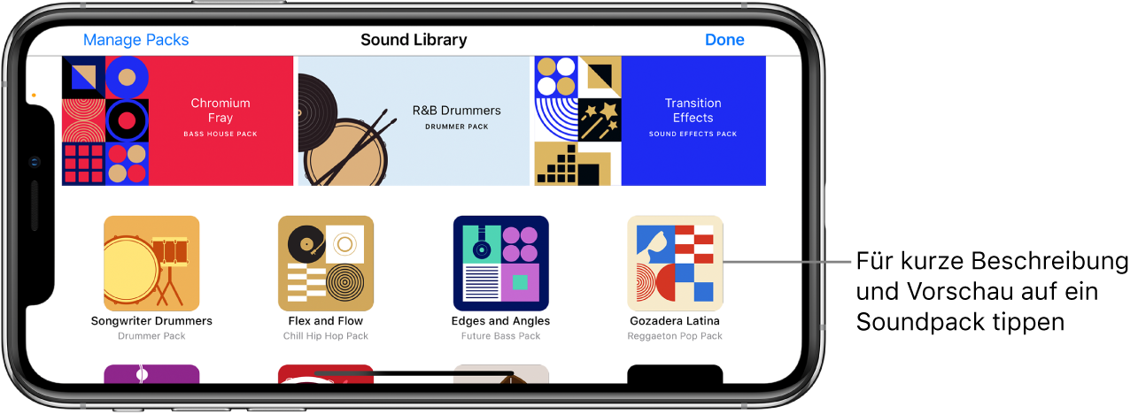 Tippe auf ein Sound-Paket, um eine Kurzbeschreibung und eine Vorschau anzuzeigen.