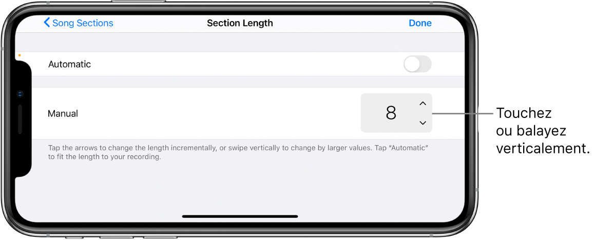 Commandes de modification de la durée d’une section de morceau