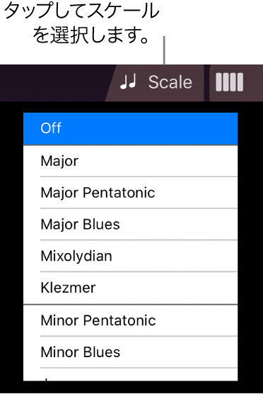 Stringsの「Scale」ボタンとスケールリスト