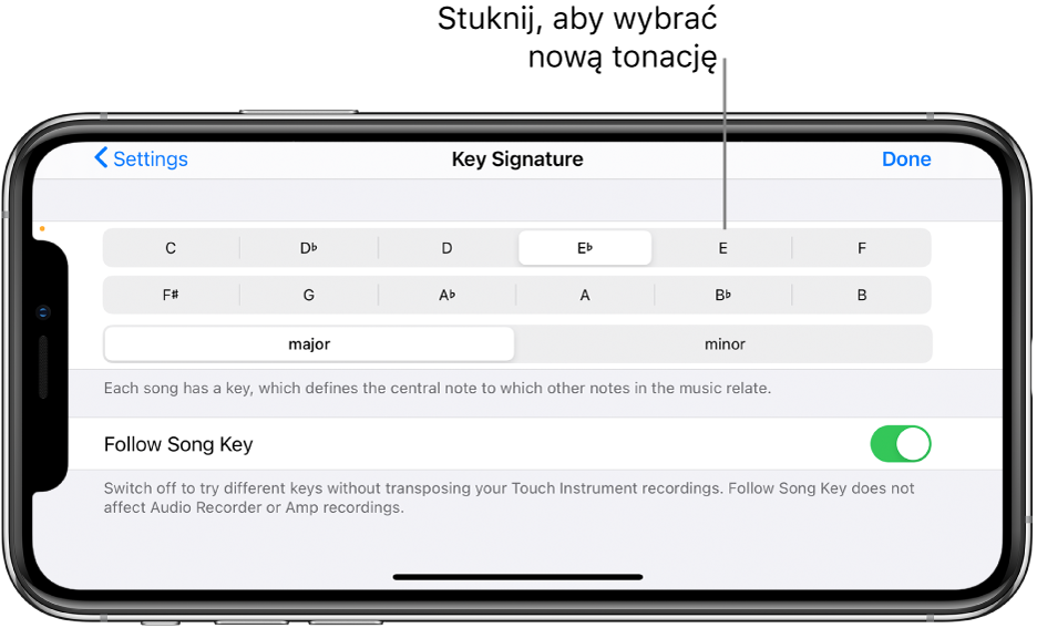 Narzędzia zmiany tonacji w ustawieniach utworu