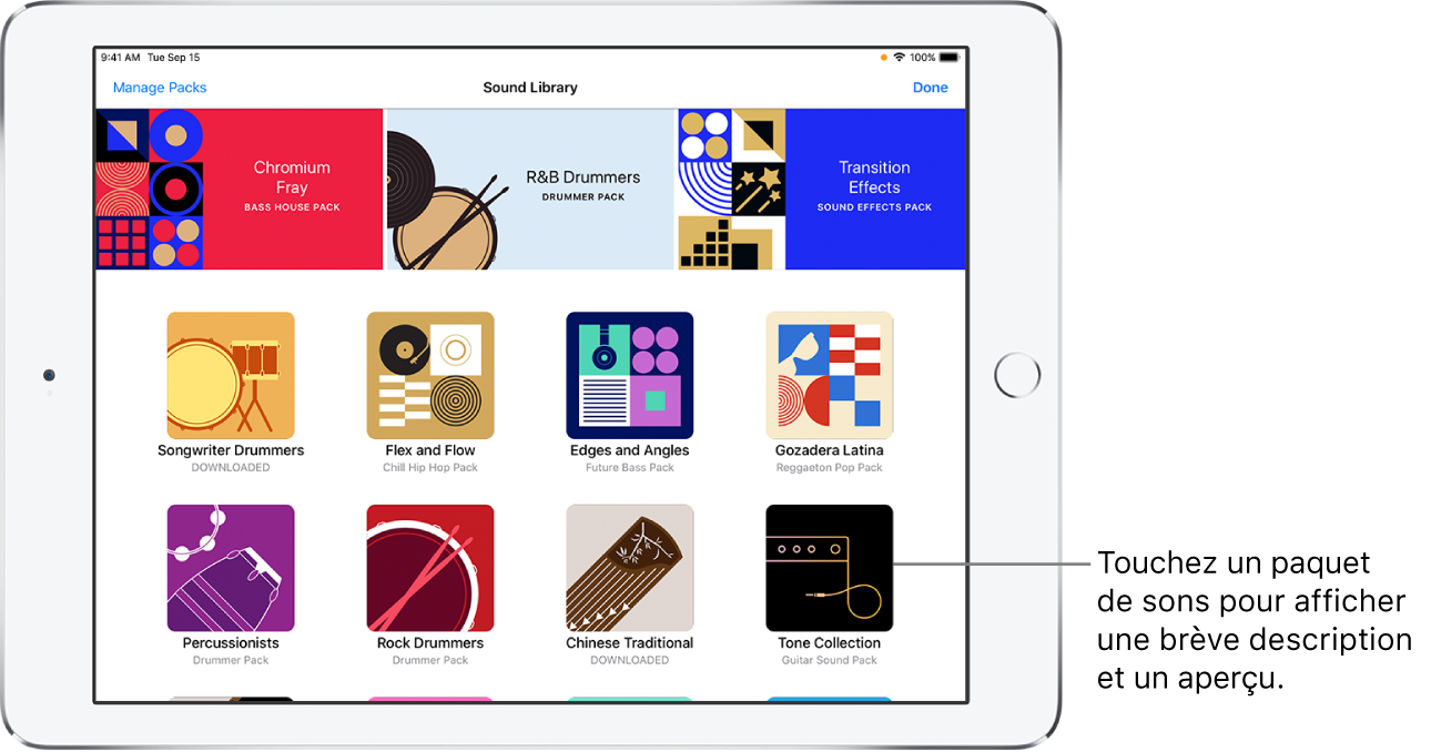 Touchez un paquet de sons pour afficher une brève description et un aperçu.