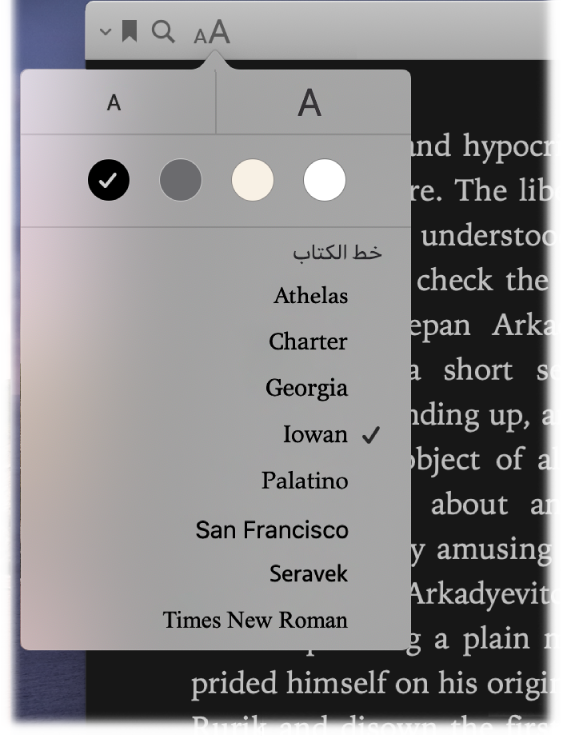 صفحة من تطبيق الكتب تعرض قائمة المظهر.