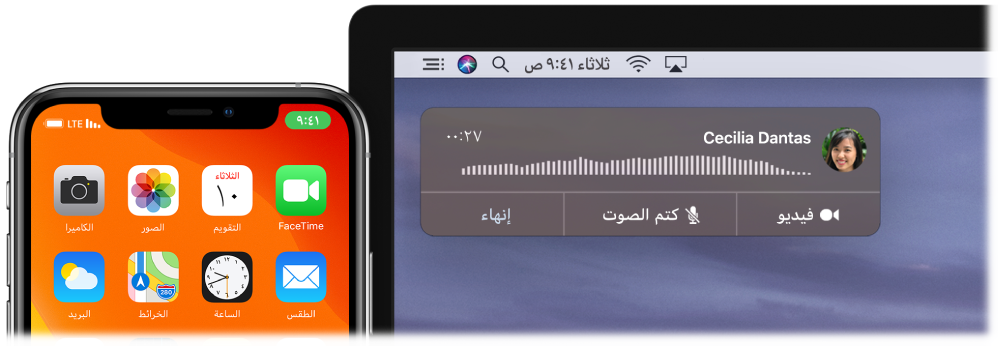 شاشة Mac تعرض نافذة إشعار المكالمات في الزاوية العلوية اليسرى، وiPhone يعرض أن هناك مكالمة قيد التقدم من خلال الـ Mac.