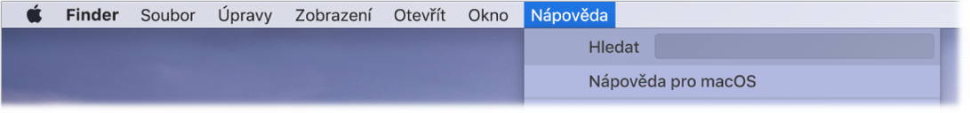 Část plochy s otevřenou nabídkou Nápověda, obsahující volby Hledat a Nápověda pro macOS