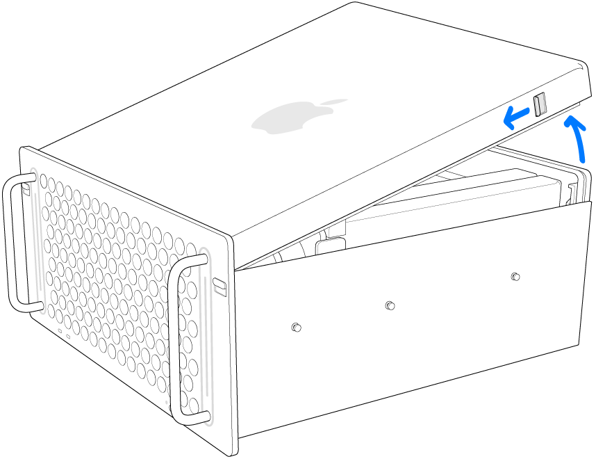 Mac Pro otočený na bok se znázorněným postupem sejmutí krytu