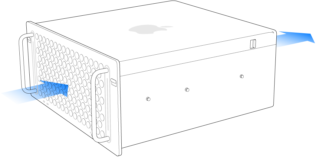 Mac Pro s naznačeným prouděním vzduchu zepředu dozadu