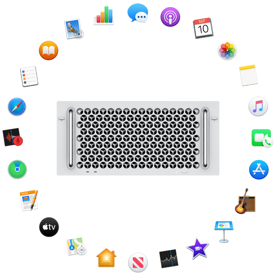 Ein Mac Pro, der von den Symbolen für die integrierten Apps umgeben ist, die in den folgenden Abschnitten beschrieben werden.