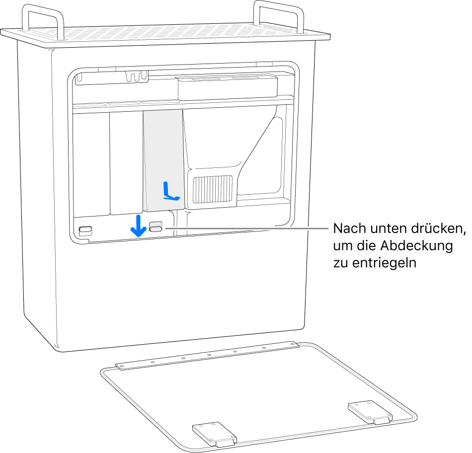 Der Mac Pro steht hochkant, der Schalter für die Verriegelungen der DIMM-Abdeckung ist hervorgehoben.