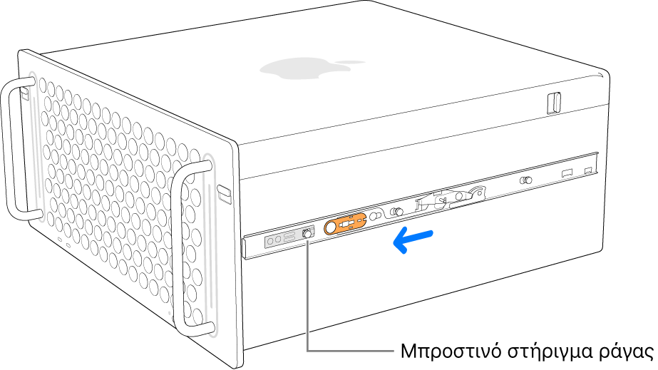 Mac Pro όπου η ράγα ολισθαίνει προς τα εμπρός και κλειδώνει στη θέση της.