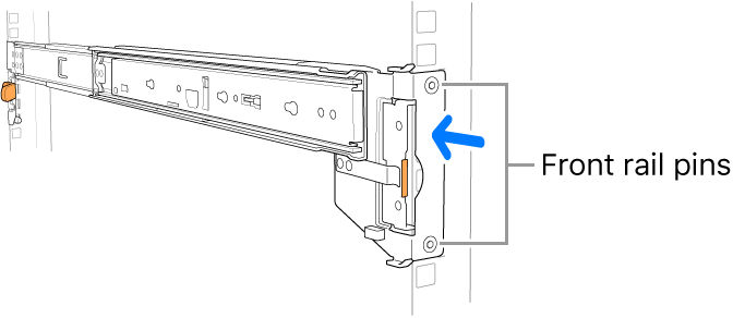 Rail assembly illustrating the location of the front rail pins.