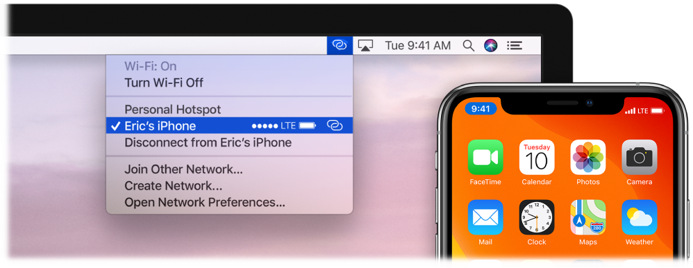 A Mac screen with the Wi-Fi menu showing a Personal Hotspot connected to an iPhone.
