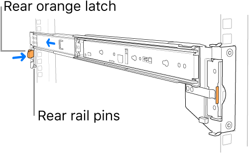 A rail assembly illustrating the location of the rear rail pins and latch.