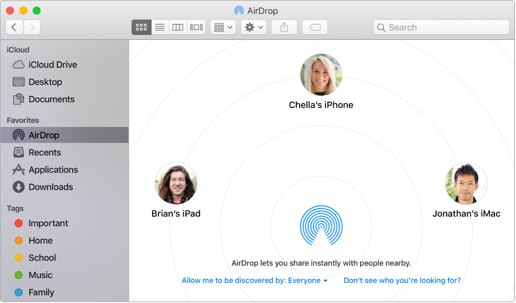 A Finder window with AirDrop selected in the Favorites section of the sidebar.