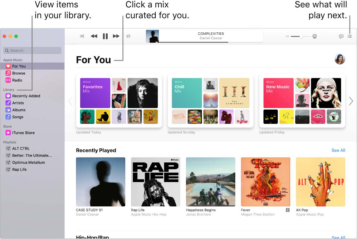A Music app window showing how to view your library, listen to Apple Music, and see what will play next.