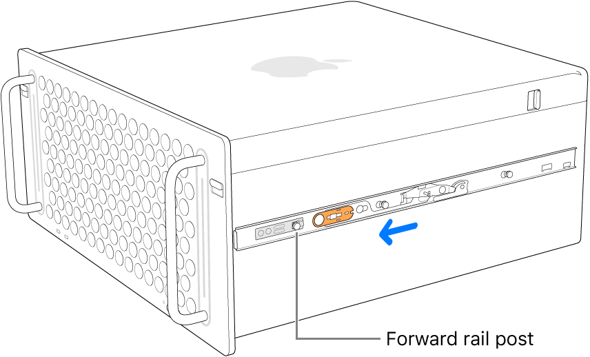 Mac Pro with a rail sliding forward and locking into place.