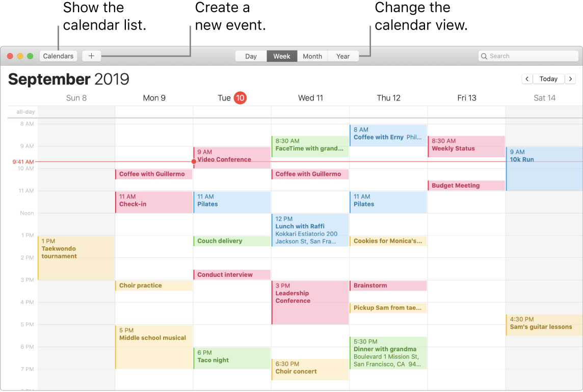 A Calendar window showing how to create an event, show the calendar list, and choose Day, Week, Month, or Year view.