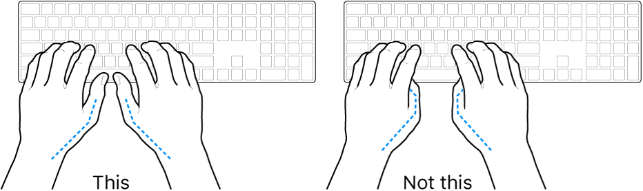 Hands positioned over a keyboard, showing correct and incorrect placement of thumbs.
