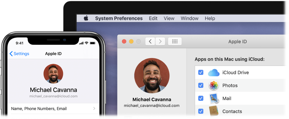 An iPhone showing iCloud settings, and a Mac screen showing the iCloud window.