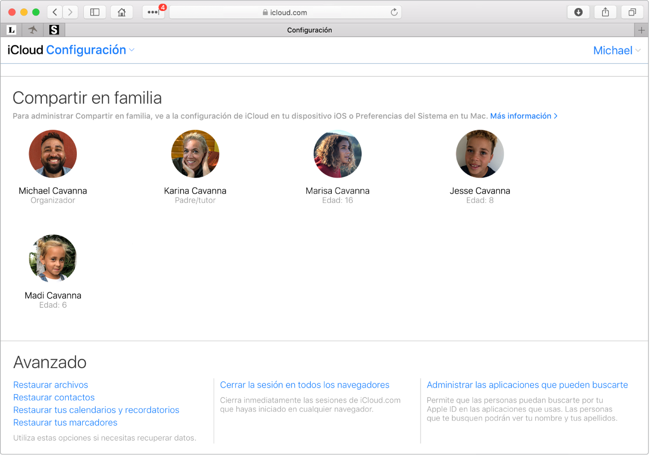 Una ventana de Safari mostrando la configuración de "Compartir en familia" en iCloud.com.