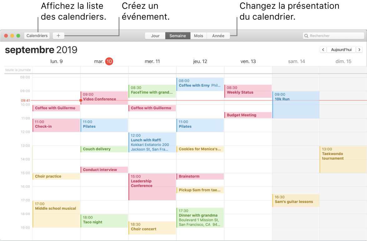 Une fenêtre de Calendrier indiquant comment créer un événement, obtenir la liste des événements et choisir une présentation par jour, par semaine, par mois ou par année.