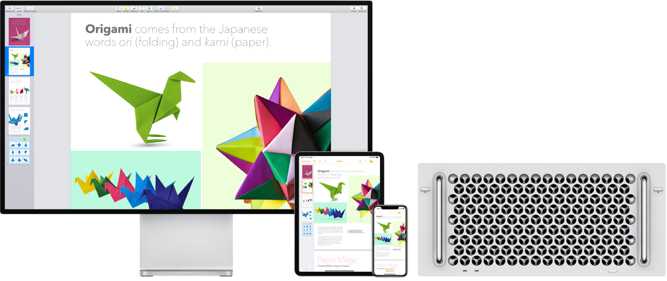 Contenu identique affiché sur un Mac Pro, un iPad et un iPhone.
