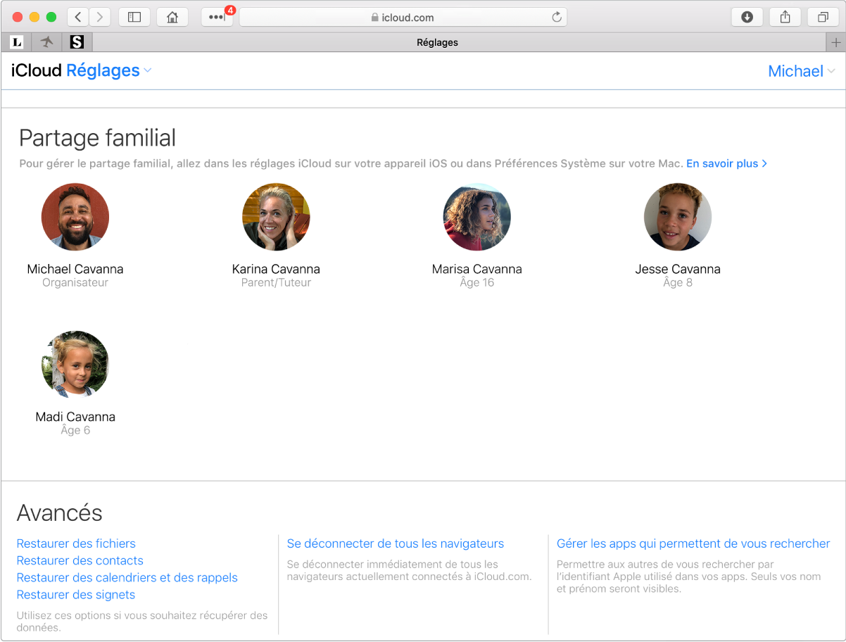 Fenêtre Safari présentant les réglages « Partage familial » sur iCloud.com.