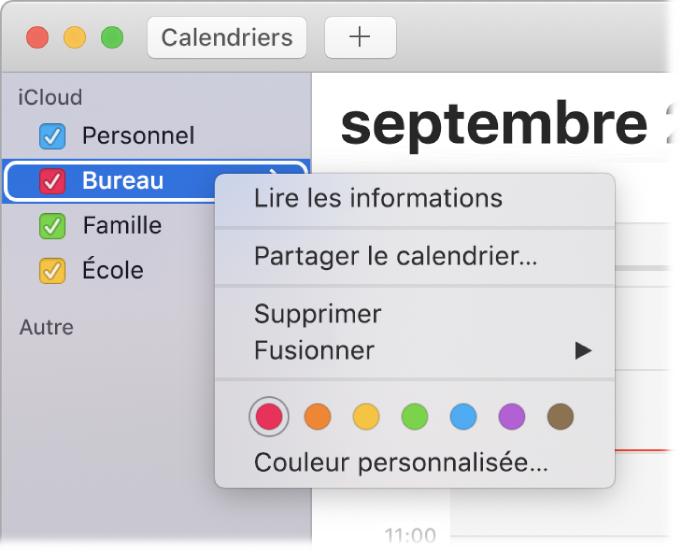 Menu contextuel Calendrier avec ses options pour la personnalisation de la couleur d’un calendrier.