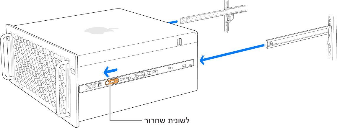 ‏Mac Pro מוסר ממסילות המחוברות למערכת מידוף.