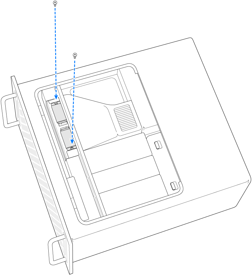 ‏Mac Pro מונח על צדו באופן שמציג את הברגת שני הברגים.