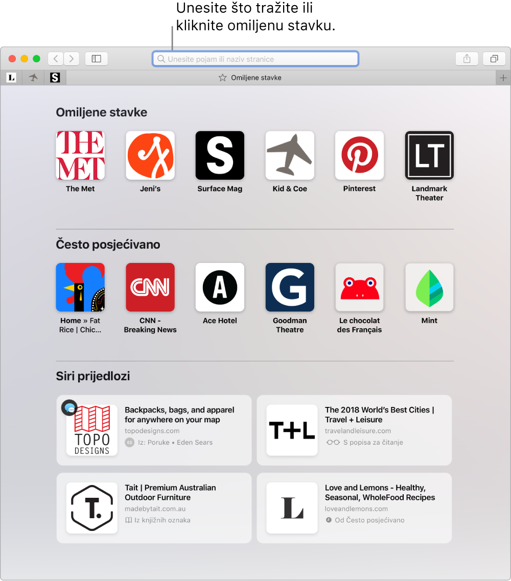 Prozor preglednika Safari s prikazom Omiljeno i istaknutim poljem za pretraživanje.