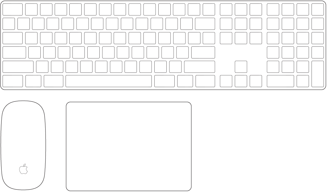 A számbillentyűzettel ellátott Magic Keyboard és a Magic Mouse 2, amelyek a Mac Pro gép csomagjának részét képezik.