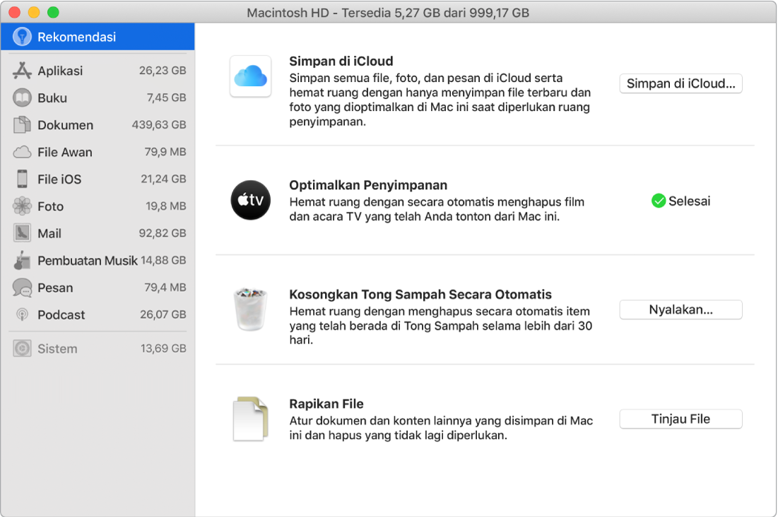 Preferensi Rekomendasi untuk penyimpanan, menampilkan pilihan Simpan di iCloud, Optimalkan Penyimpanan, Kosongkan Tong Sampah Secara Otomatis, dan Rapikan File.