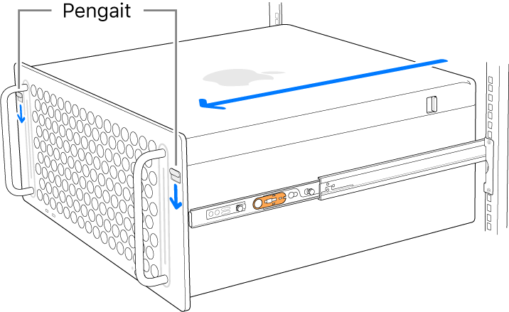 Mac Pro menyandar pada rel yang terpasang pada rak.