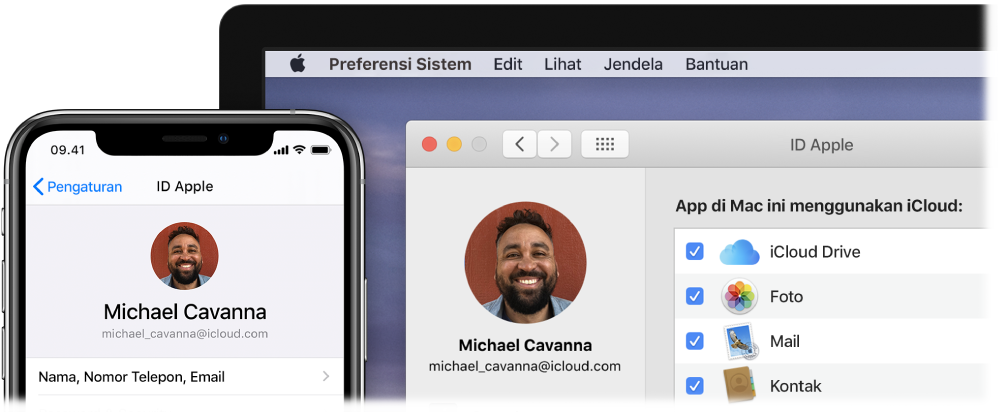 iPhone menampilkan pengaturan iCloud, dan layar Mac menampilkan jendela iCloud.
