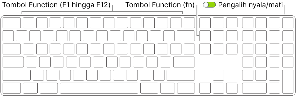Magic Keyboard menampilkan tombol Function (Fn) di pojok kiri bawah dan pengalih nyala/mati di pojok kanan atas papan ketik.